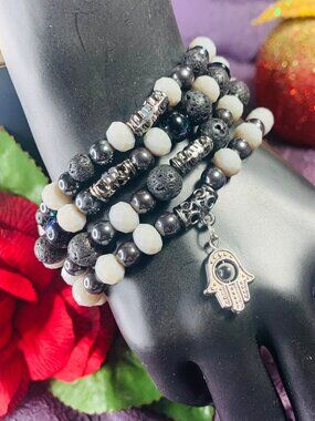 Evil Eye Charm, Hematite, Lava Stone, Electroplacted Glass & Pewter Bracelet Set